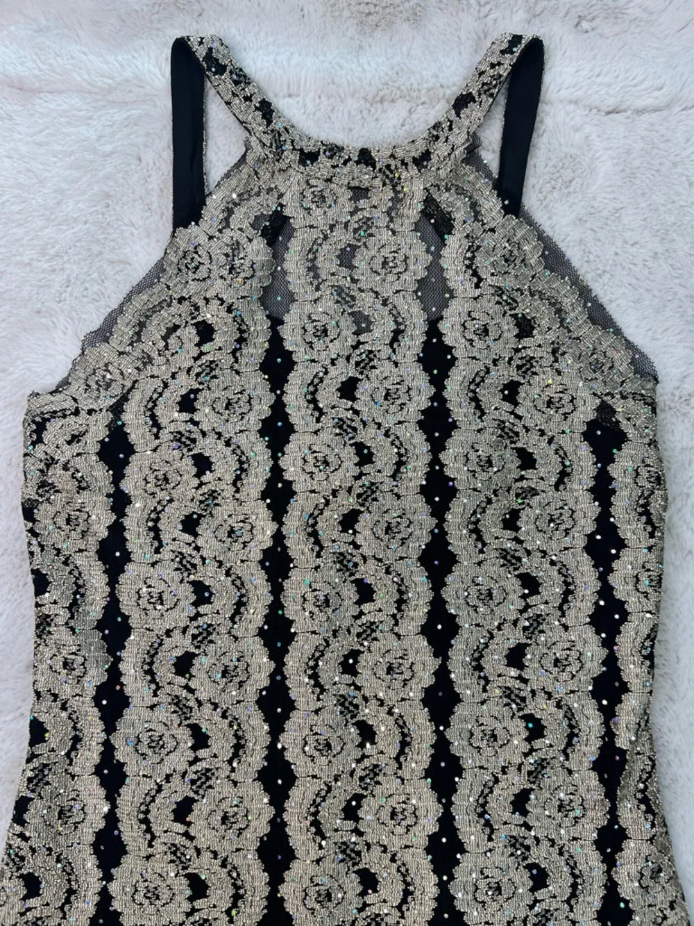 Joseph Ribkoff Black Gold Sparkle Lace Halter Bodycon Dress Size 12 Mini Vintage - Picture 3 of 16